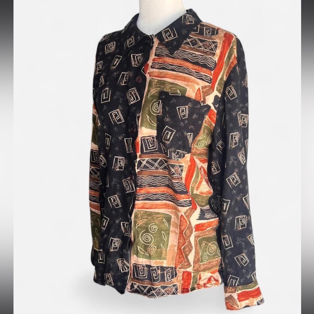 Vintage 90’s black and multi-coloured abstract print button-up women’s medium